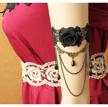 Náramek B-TOP Gothický krajkový náramek na paži s růží - černá/ zlatá
