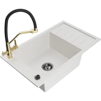 Granitový dřez Mexen Elias granitový dřez 1-komorový s odkapávačem a kuchyňskou baterií Duo, bílý - 6511-20-671701-57-B Granitové dřezy s baterií