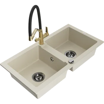 Granitový dřez Mexen Mario granitový dřez 2komorový s kuchyňskou baterií Duo, béžový - 6504-69-671701-57-B Granitové dřezy s baterií