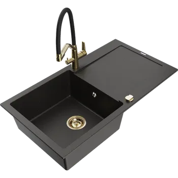 Granitový dřez Mexen Leo granitový dřez 1-komorový s odkapávačem a kuchyňskou baterií Duo, černý/zlatý metalik - 6501-75-671701-57-G Granitové dřezy s baterií