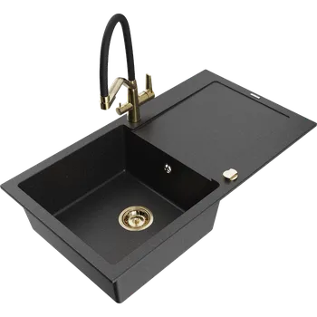 Granitový dřez Mexen Leo žulový dřez s odkapávačem a kuchyňskou baterií Duo, černý/stříbrný metalík - 6501-73-671701-57-G Granitové dřezy s baterií