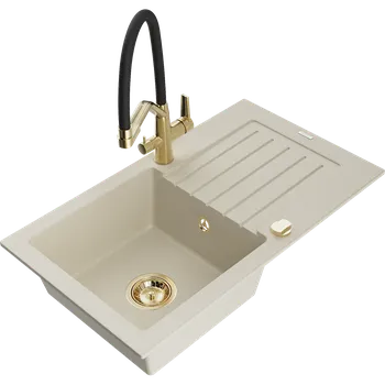 Granitový dřez Mexen Pablo granitový dřez s 1 komorou, odkapávačem a kuchyňskou baterií Duo, béžový - 6510-69-671701-57-G Granitové dřezy s baterií