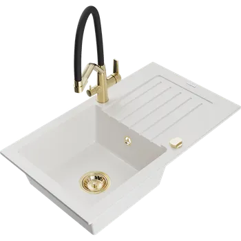 Granitový dřez Mexen Pablo granitový dřez 1-komorový s odkapávačem a kuchyňskou baterií Duo, bílý - 6510-20-671701-57-G Granitové dřezy s baterií