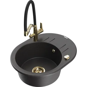 Granitový dřez Mexen Kevin granitový dřez 1-komorový s kuchyňskou baterií Duo, černý tečkovaný - 6517-76-671701-57-G Granitové dřezy s baterií