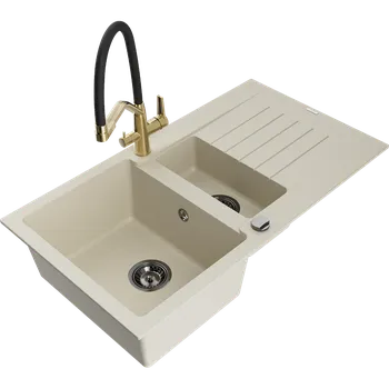 Granitový dřez Mexen Matias granitový dřez 1,5-komorový s odkapávačem a kuchyňskou baterií Duo, béžový - 6502-69-671701-57-B Granitové dřezy s baterií