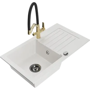 Granitový dřez Mexen Pablo granitový dřez 1-komorový s odkapávačem a kuchyňskou baterií Duo, bílý - 6510-20-671701-57-B Granitové dřezy s baterií