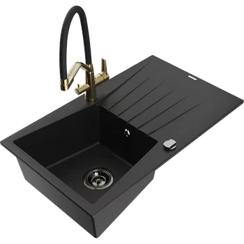 Granitový dřez Mexen Cesar granitový dřez 1-komorový s odkapávačem a kuchyňskou baterií Duo, černý - 6514-77-671701-57-B Granitové dřezy s baterií