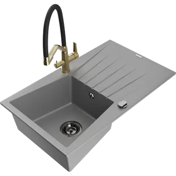 Granitový dřez Mexen Cesar granitový dřez s 1 komorou, odkapávačem a kuchyňskou baterií Duo, šedý - 6514-71-671701-57-B Granitové dřezy s baterií