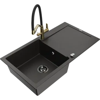 Granitový dřez Mexen Leo granitový dřez s 1 komorou a odkapávačem a kuchyňskou baterií Duo, černý/zlatý metalický - 6501-75-671701-57-B Granitové dřezy s baterií