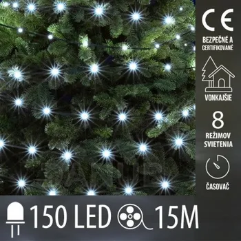 Reklamní LED panel Vánoční led světelný řetěz vnější - DOT LED - 150 led - 15m - programy, časovač - studená bílá