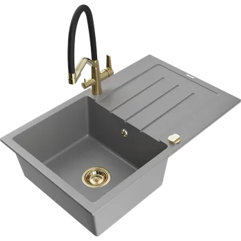 Granitový dřez Mexen Bruno žulový dřez 1-komorový s odkapávačem a kuchyňskou baterií Duo, šedý - 6513-71-671701-57-G Granitové dřezy s baterií