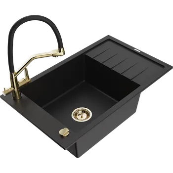 Granitový dřez Mexen Elias granitový dřez s jednou komorou a odkapávačem a kuchyňskou baterií Duo, černý - 6511-77-671701-57-G Granitové dřezy s baterií