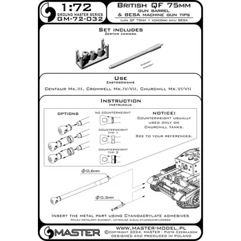 Plastikový model 1/72 British QF 75mm gun barrel + Besa MG tips