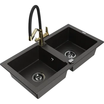 Kuchyňský dřez Mexen Mario granitový dřez 2-komorový s kuchyňskou baterií Duo, černý/zlatý metalik - 6504-75-671701-57-B Granitové dřezy s baterií