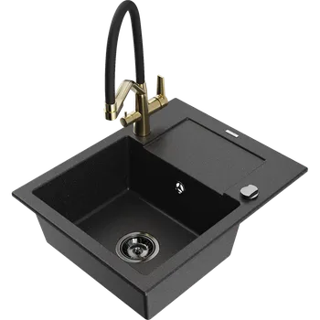 Granitový dřez Mexen Enzo granitový dřez 1-komorový s odkapávačem a kuchyňskou baterií Duo, černý/stříbrný metalik - 6506-73-671701-57-B Granitové dřezy s baterií