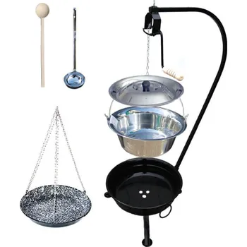 Kempingové nádobí Nerezový kotlík 14 L (0,8 mm) INOX + smaltovaná pánev s řetízkem + vařečka + naběračka + ohniště se stojanem a s pojistnou kladkou VAR