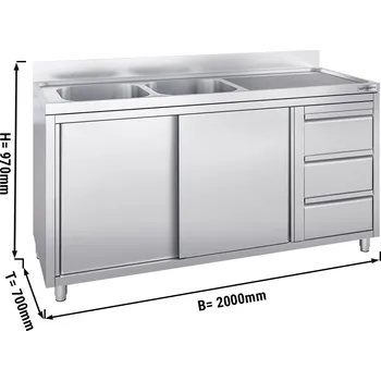 Kuchyňská skříňka G.Gastro Dřezová skříňka se 3 šuplíky 2,0 m - 2 dřezy vlevo - s obkladovým panelem & posuvnými dveřmi