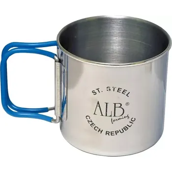 Hrnek s uchy nerezový 0,4l ALB (Hrnek s uchy nerezový 0,4l ALB. Vyroben z leštěného nerezu CrNi 18/10. Hrnek je zpevněn lemovkou a má sklápěcí ucha)