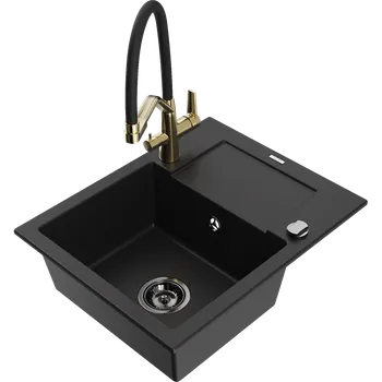 Granitový dřez Mexen Enzo granitový dřez 1-komorový s odkapávačem a kuchyňskou baterií Duo, černý - 6506-77-671701-57-B Granitové dřezy s baterií