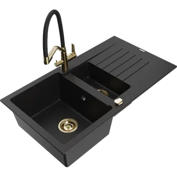 Granitový dřez Mexen Matias granitový dřez 1,5-komorový s odkapávačem a kuchyňskou baterií Duo, černý - 6502-77-671701-57-G Granitové dřezy s baterií