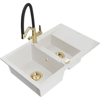 Granitový dřez Mexen Gaspar granitový dřez 1,5-komorový s odkapávačem a kuchyňskou baterií Duo, bílý - 6507-20-671701-57-G Granitové dřezy s baterií