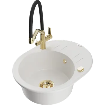 Granitový dřez Mexen Kevin granitový dřez 1-komorový s kuchyňskou baterií Duo, bílý - 6517-20-671701-57-G Granitové dřezy s baterií