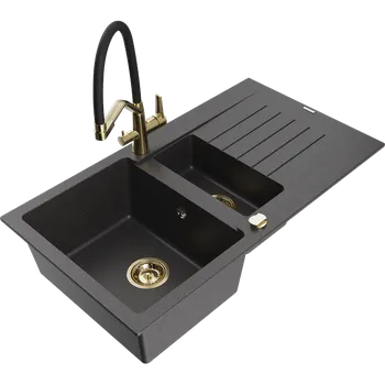 Granitový dřez Mexen Matias žulový dřez 1,5-komorový s odkapávačem a kuchyňskou baterií Duo, černý s tečkami - 6502-76-671701-57-G Granitové dřezy s baterií