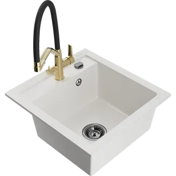 Granitový dřez Mexen Vito granitový dřez 1-komorový s kuchyňskou baterií Duo, bílý - 6503-20-671701-57-B Granitové dřezy s baterií