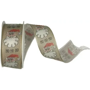 Stuha Vánoční stuha bavlněná Ho Ho Ho krémová 25mm x 2m (12,-Kč/m) (Vánoční stuha bavlněná, krémová, barevný potisk Santa, s drátkem v lemu)
