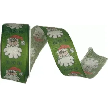 Stuha Vánoční stuha bavlněná Ho Ho Ho zelená 25mm x 2m (12,-Kč/m) (Vánoční stuha bavlněná, zelená, potisk Santa, s drátkem v lemu)