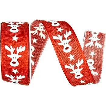 Stuha Vánoční stuha HAPPY REINDEER červená 25mm x 3m (12,-Kč/m) (Vánoční stuha látková, červená, jednostranný potisk, s vetkaným vlascem)