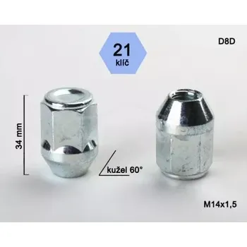 Matice na kolo Kolová matice M14x1,5 kužel zavřená, klíč 21 (D8D) výška 34mm (Matice na kola)