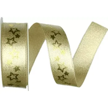 Stuha Stuha vánoční saténová GLAMOUR STARS GOLD zlatá 25mm x 4m (7,-Kč/m) (Vánoční zlatá stuha, oboustranný satén s perleťovým efektem, jednostranný potisk )