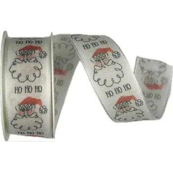 Stuha Vánoční stuha bavlněná Ho Ho Ho bílá 25mm x 2m (12,-Kč/m) (Vánoční stuha bavlněná, bílá, barevný potisk Santa, s drátkem v lemu)