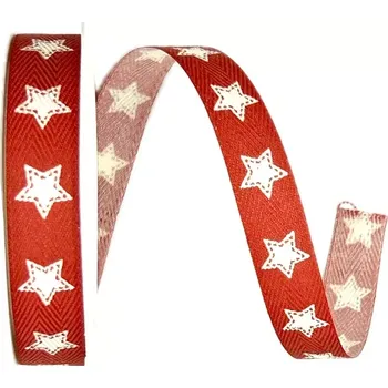 Stuha Stuha vánoční HAPPY STARS červená 15mm x 4m (3,- Kč/m) (Stuha bavlna červená, jednostranný potisk bílé hvězdy)