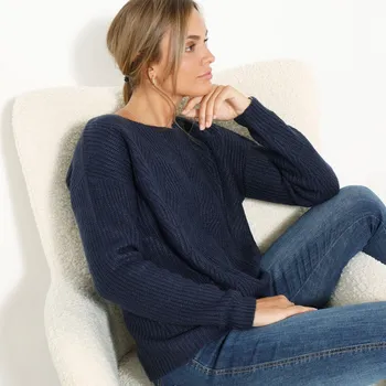 Dámský svetr Pulovr s kulatým výstřihem a dlouhými rukávy pro malou postavu nám. modrá 50