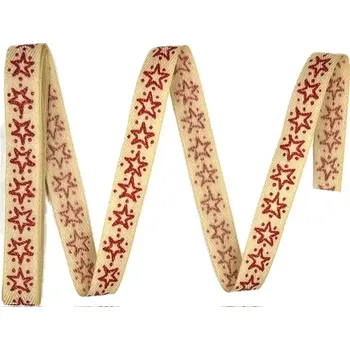 Stuha Vánoční stuha RED STAR NATUR potisk hvězdy červené 15mm x 2m (5,- Kč/m) (Vánoční stuha bavlněná, s jednostranným potiskem červené hvězdy, glitrový efekt)