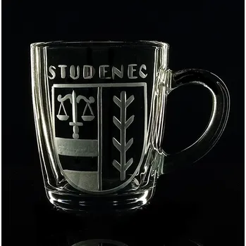 Sklenice Hrníček na čaj 300ml s rytinou znaku obce Studenec - ručně ryté (broušené), dárková krabička