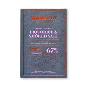 Čokoláda Standout Chocolate 67% hořká čokoláda LIQUORICE AND BEECH SMOKED SEA SALT BIO 50 g