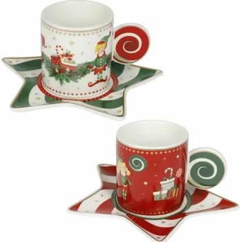 Sada 2 šálků s podšálkami na čaj/kávu 160 ml ELFOMAGIA BRANDANI (barva - porcelán, bílá/červená/zelená)