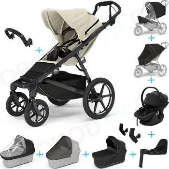 Kočárek Set 10v1 Thule Urban Glide 4-wheel Soft beige + madlo + korbička Black + pláštěnky a moskytiéry Thule + Autosedačka Thule Maple Black s ISOFIX základnou Thule Alfi a adaptéry