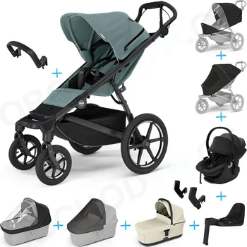 Kočárek Set 10v1 Thule Urban Glide 4-wheel Mid blue + madlo + korbička Soft beige + pláštěnky a moskytiéry Thule + Autosedačka Thule Maple Black s ISOFIX základnou Thule Alfi a adaptéry