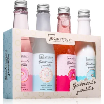 Kosmetická sada IDC INSTITUTE Gourmand's Favorites hydratační sprchový gel 200 ml + pěna do koupele 200 ml + hedvábné tělové mléko 200 ml + hydratační tělový peeling 200 ml kosmetická sada