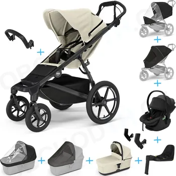 Kočárek Set 10v1 Thule Urban Glide 4-wheel Soft beige + madlo + korbička Soft beige + pláštěnky a moskytiéry Thule + Autosedačka Thule Maple Black s ISOFIX základnou Thule Alfi a adaptéry