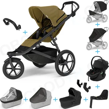 Kočárek Set 10v1 Thule Urban Glide 3 Nutria green + madlo + korbička Black + pláštěnky a moskytiéry Thule + Autosedačka Thule Maple Black s ISOFIX základnou Thule Alfi a adaptéry
