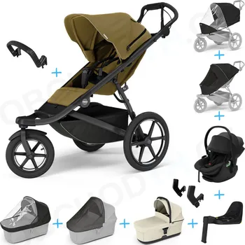 Kočárek Set 10v1 Thule Urban Glide 3 Nutria green + madlo + korbička Soft beige + pláštěnky a moskytiéry Thule + Autosedačka Thule Maple Black s ISOFIX základnou Thule Alfi a adaptéry