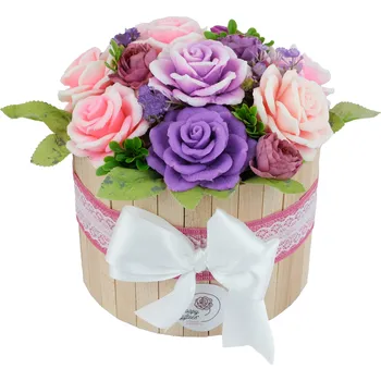 umělá květina Mýdlová kytice fialových a růžových růží - kytice v dřevěném boxu