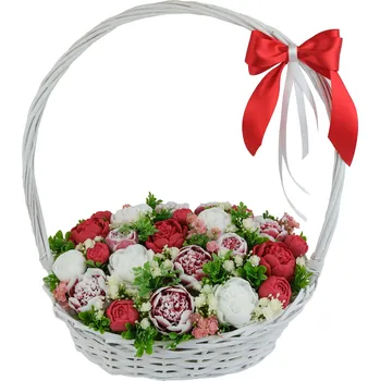 Dárkový potravinový koš Obří dárkový koš s mýdlovými květy begónie - kytice v proutěném koši