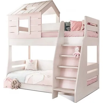 Dětská postel Patrová postel PRAVÁ se schůdky Boom - bříza/růžová