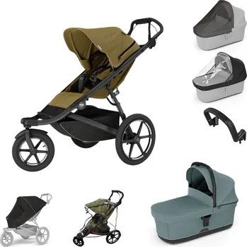 Kočárek THULE Urban Glide 3 Nutria green + korba Mid blue + pláštěnka Emitex + moskytiéra + madlo + pláštěnka a moskytiéra na korbu
